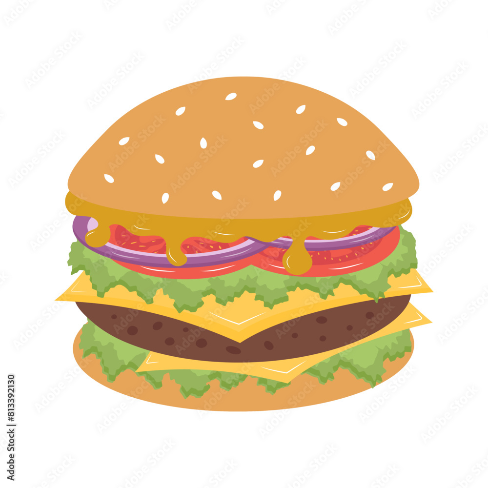 Hamburger or cheeseburger. Fast food meal. Vector illustration isolated on white background. Hamburger or cheeseburger. Fast food meal. Vector illustration isolated on white background.
