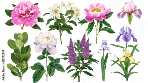 Set of perennial garden flowers including peonies, hostas, and irises, isolated on transparent background