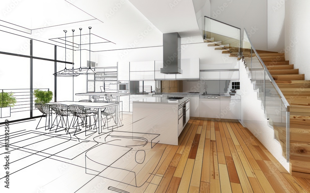 Sketch drawing of a classic Kitchen, dining and living room combined ...
