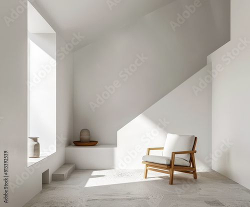 Minimalist Scandinavian interior design room composition. Interiors with natural elements  minimal furniture and ample copyspace.