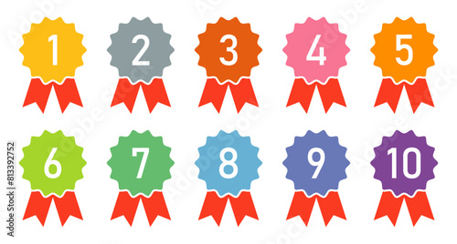 Ranking medal icon set. Collection of medal icon. Award, logotype vector set in different color. Set of colored ranking medal badges, labels. 1st place to 10th place winning number template icon. 