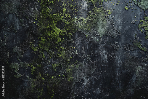 Grunge textured wall with lichen and moss pattern, old stone surface for dark design backdrop