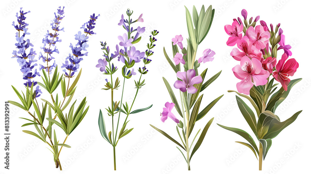 Naklejka premium Set of Mediterranean garden flowers including oleander, lavender, and sage, isolated on transparent background