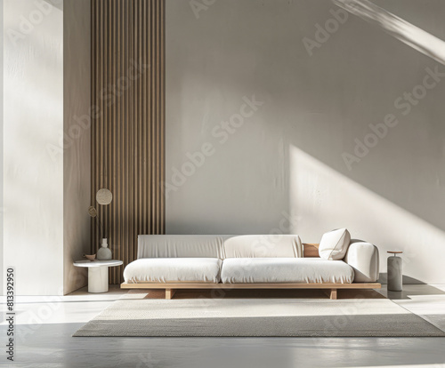 Minimalist Scandinavian interior design room composition. Interiors with natural elements, minimal furniture and ample copyspace.