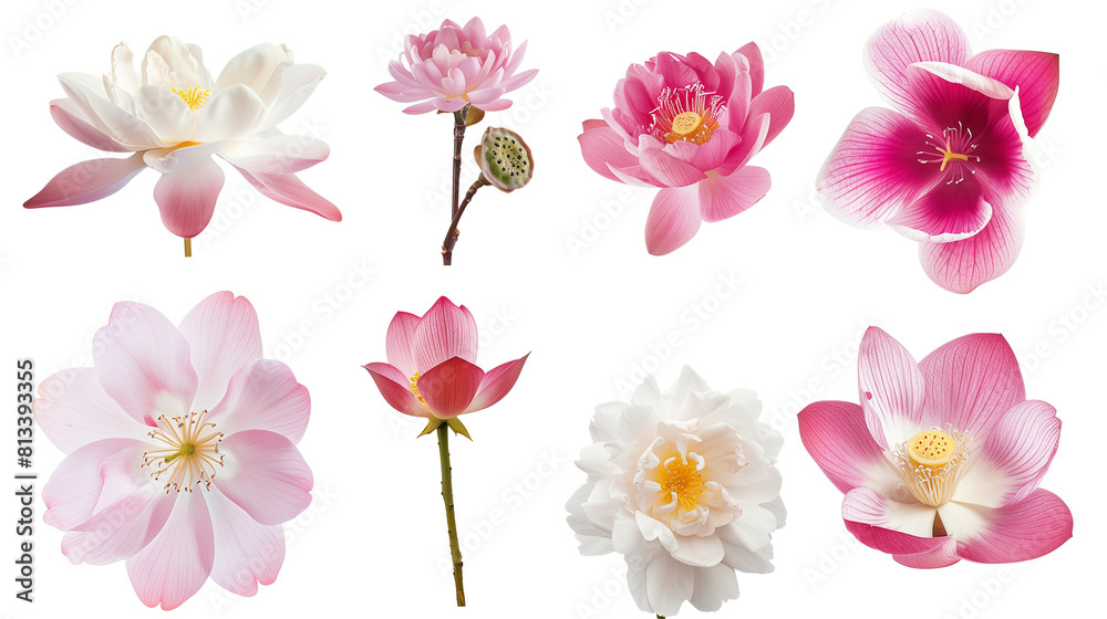Set of Asian bloom varieties including cherry blossom, lotus, and jasmine, isolated on transparent background Set of Asian bloom varieties including cherry blossom, lotus, and jasmine, isolated on transparent background