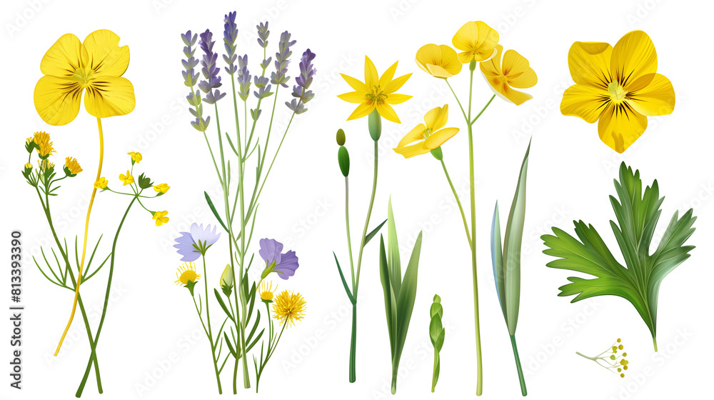 Set of coastal blooms including sea lavender, marsh marigold, and cordgrass flowers, isolated on transparent background Set of coastal blooms including sea lavender, marsh marigold, and cordgrass flowers, isolated on transparent background