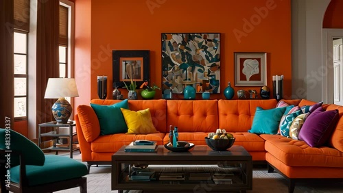 Video animation of vibrant and colorful living room interior Above the sofa hangs a large abstract painting with splashes of various colors, adding to the room’s dynamic aesthetic photo