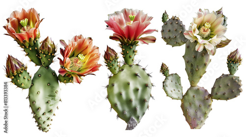 Set of heat loving cacti flowers including saguaro, prickly pear, and cholla, isolated on transparent background