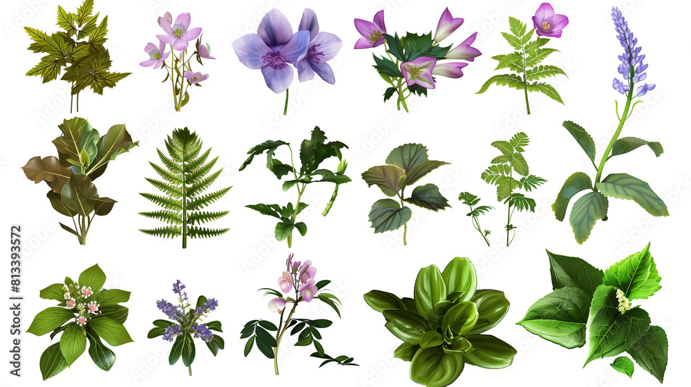 Set of shade garden blooms including ferns, hostas, and hellebores, isolated on transparent background Set of shade garden blooms including ferns, hostas, and hellebores, isolated on transparent background