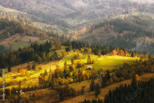 stunning autumn scene in mountains  autumn morning dawn  nature colorful background  Carpathians mountains  Ukraine  Europe