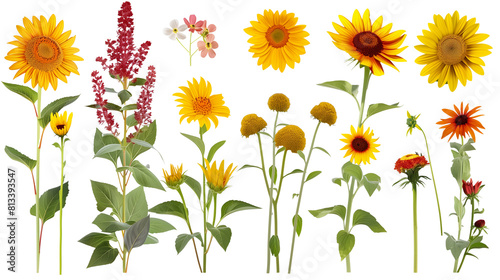 Set of sun-loving flowers including sunflowers  coreopsis  and blanket flowers  isolated on transparent background