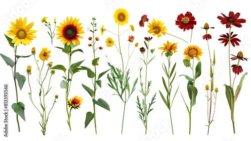 Set of sun-loving flowers including sunflowers  coreopsis  and blanket flowers  isolated on transparent background