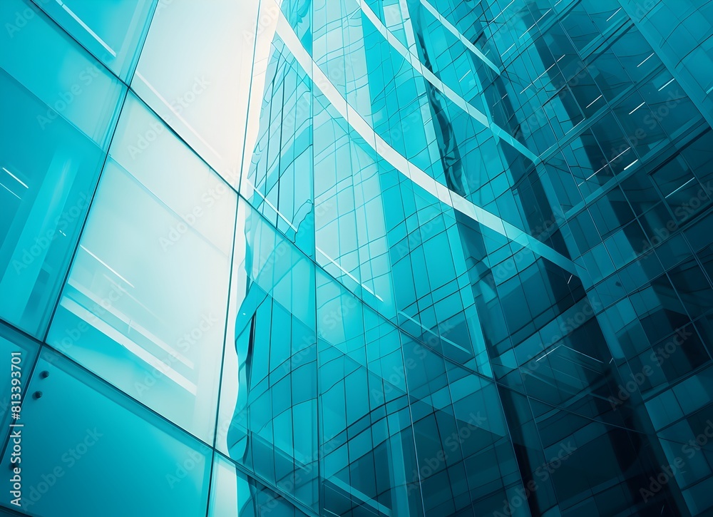 Fototapeta premium Blue glass building with reflection, closeup, modern architecture background 