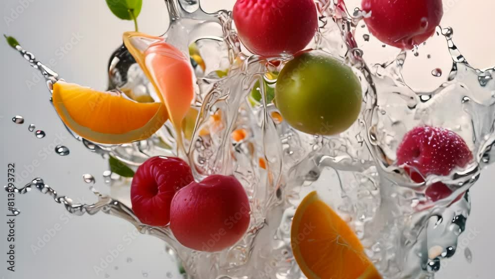 Video animation of dynamic and vibrant splash of water, frozen in time. Various fruits are caught mid-air within the splash, creating a visually appealing scene