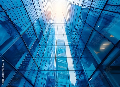 Blue glass building with reflection  closeup  modern architecture background 