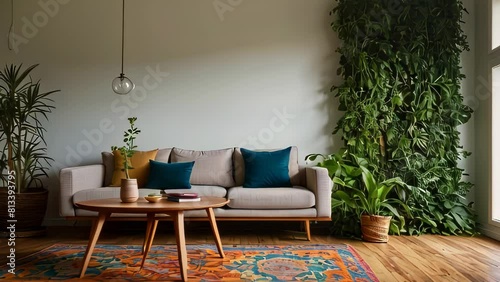 Video animation of odern living room with a minimalist design. The room features a neutral-colored wall adorned with a large, lush green plant in the corner photo