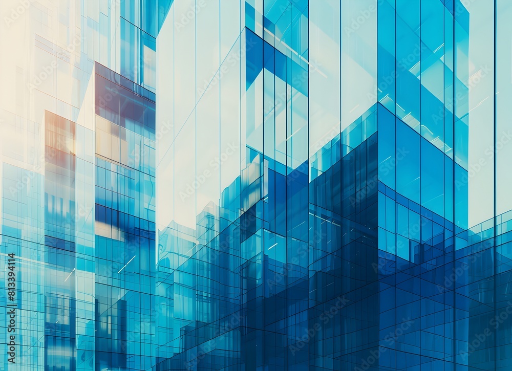 Modern glass building with blue reflections and texture, architectural background