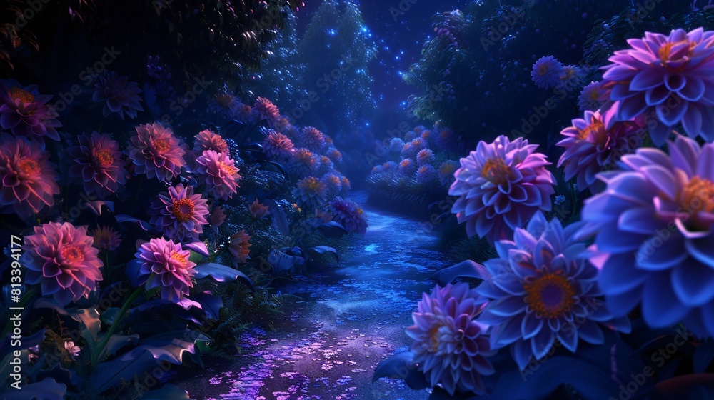 nocturnal wonderland of a pathway aglow with Dahlia flowers, their petals shimmering in the moonlight, casting a spellbinding aerial scene of natural elegance. nocturnal wonderland of a pathway aglow with Dahlia flowers, their petals shimmering in the moonlight, casting a spellbinding aerial scene of natural elegance.