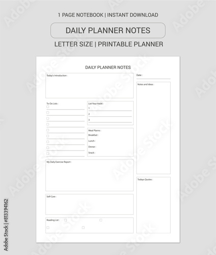 Daily Planner Notes | Daily Planner Notebook | Daily Planner Workbook | Daily Planner Log Book | Notebook Printable Planner | Letter Size
