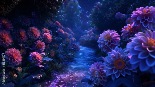 nocturnal wonderland of a pathway aglow with Dahlia flowers, their petals shimmering in the moonlight, casting a spellbinding aerial scene of natural elegance.