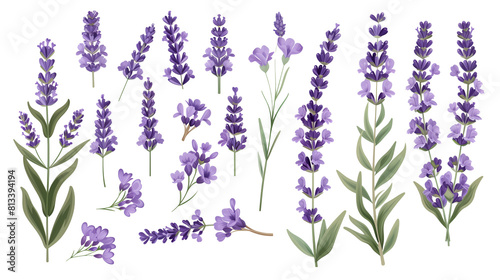 Set of lavender elements including lavender sprigs  individual flowers  leaves  and buds