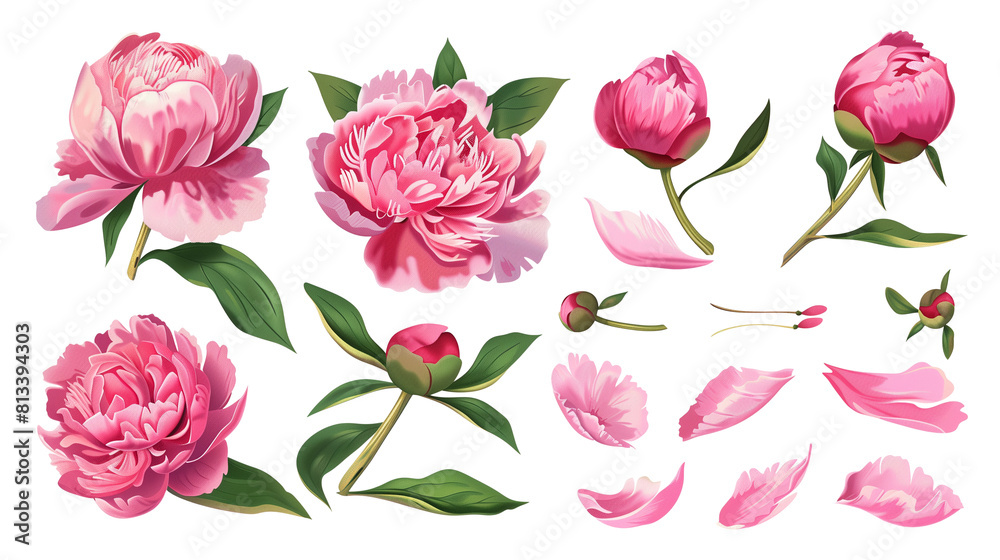 Set of peony elements including peony blooms, buds, petals, and leaves Set of peony elements including peony blooms, buds, petals, and leaves