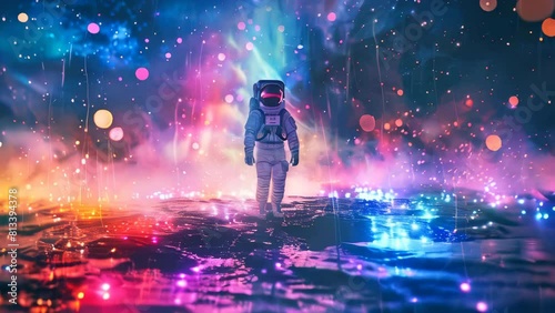 An astronaut standing on an alien planet, under a stunning colorful sky photo