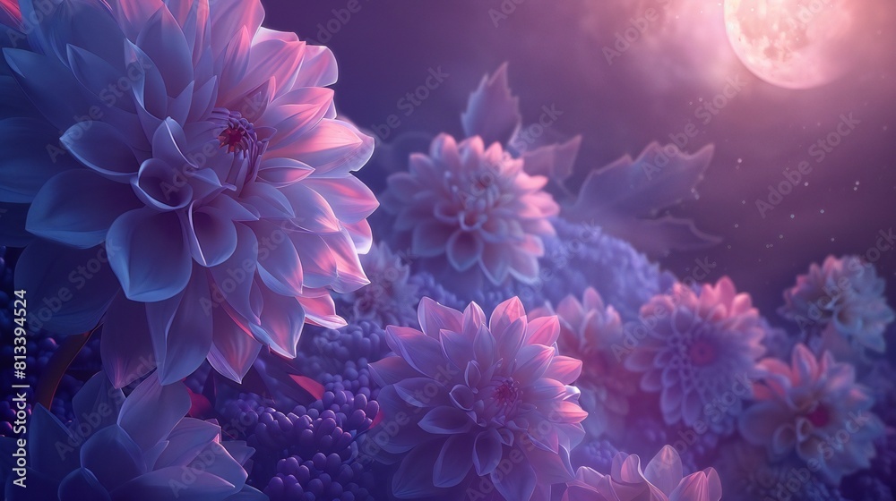 the celestial ballet of Dahlia blooms reaching towards the visible moon, their upward faces aglow with hues of amethyst and ivory, painting a portrait against the midnight sky..