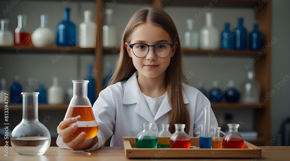 Girl doing a chemistry experiment in science class.generative.ai Girl doing a chemistry experiment in science class.generative.ai