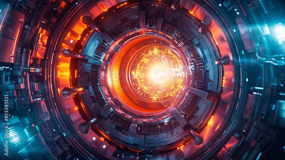 Fototapeta premium Fusion energy reactor core, top view, harnessing plasma power, sci-fi tone, Tetradic color scheme,