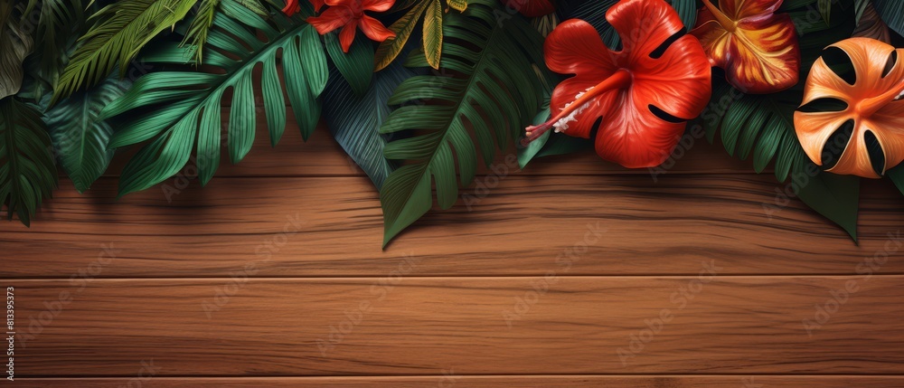 A wooden background with a bunch of flowers on it A wooden background with a bunch of flowers on it
