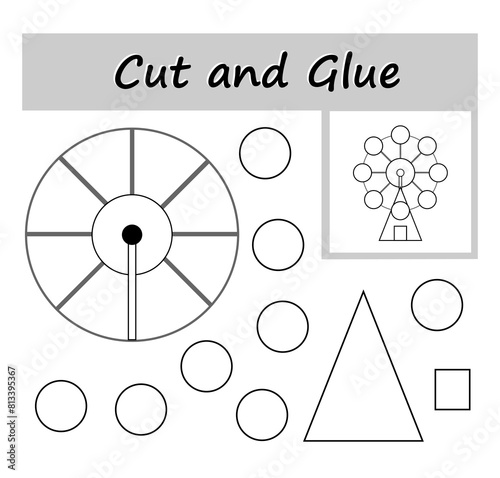 DIY worksheet. Color, cut parts of the image and glue on the paper. Vector illustration of the Ferris wheel.