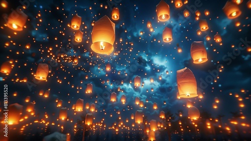 Nighttime shot of a Lantern Festival, with hundreds of glowing lanterns floating against a dark sky, creating a magical, dreamlike atmosphere, © NEW
