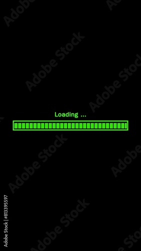 Status loading and upload bar animation green color with black background screen. Futuristic uploading progress bar effect. Computer cyberpunk loading screen.