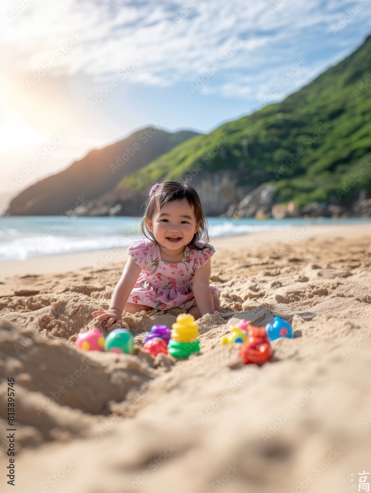 A 2-year-old Chinese girl is playing happily with sand at the beach A 2-year-old Chinese girl is playing happily with sand at the beach