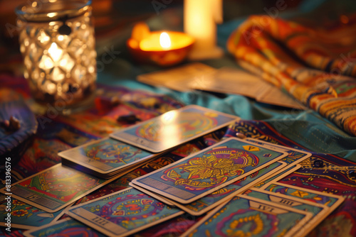 Colorful tarot card spread with a variety of symbolic imagery on a vibrant cloth, under candlelight