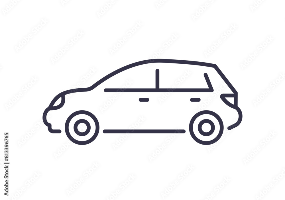 Simple line art icon of a hatchback car, vector illustration on a clean background. Editable stroke.