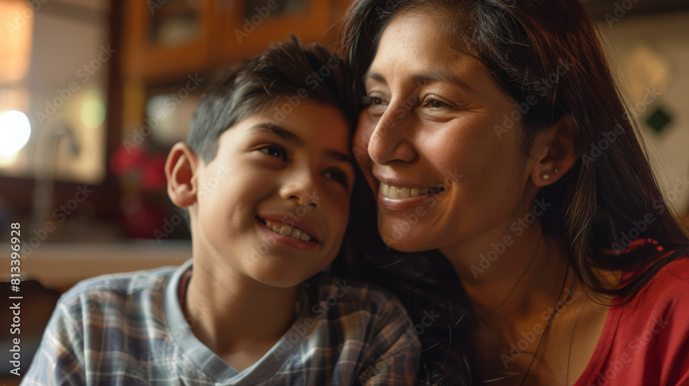 Affectionate moment between smiling latin american mother and latino son at home, showcasing a warm, loving family dynamic Affectionate moment between smiling latin american mother and latino son at home, showcasing a warm, loving family dynamic