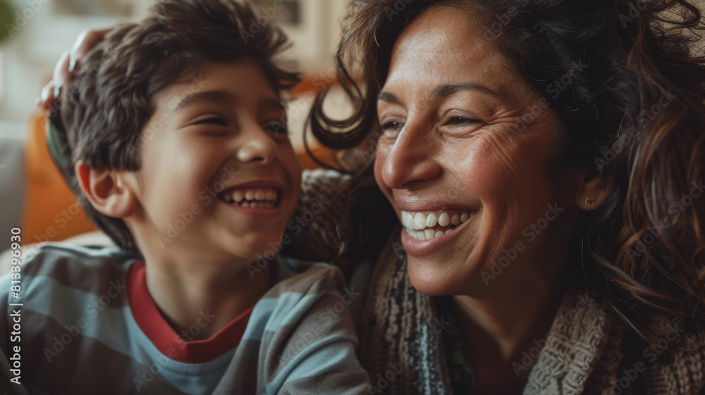 Affectionate moment between smiling latin american mother and latino son at home, showcasing a warm, loving family dynamic Affectionate moment between smiling latin american mother and latino son at home, showcasing a warm, loving family dynamic
