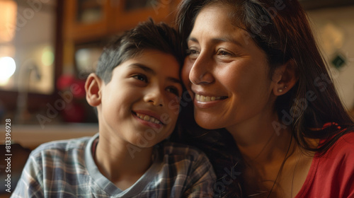 Affectionate moment between smiling latin american mother and latino son at home, showcasing a warm, loving family dynamic