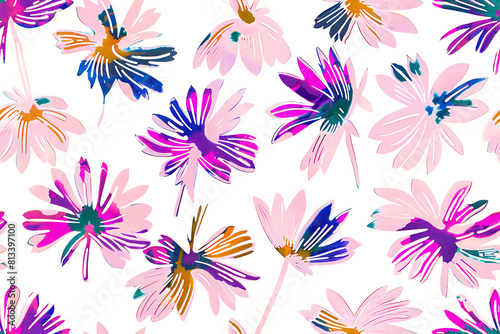 Repeating floral design with pink and purple colors suitable for wallpaper or fabric