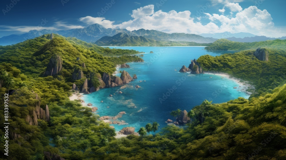 Generative AI An aerial perspective capturing an unspoiled tropical island landscape, where palm-fringed shores meet sparkling waters dotted with colorful coral reefs Generative AI An aerial perspective capturing an unspoiled tropical island landscape, where palm-fringed shores meet sparkling waters dotted with colorful coral reefs
