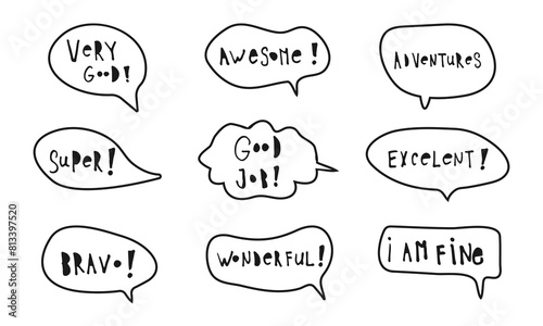 Inspiring social media stickers set. Cheerful phrases flat vector illustrations pack. Motivating quotes collection. Greeting card, postcard typography. Very good , excelent ,bravo ,etc.