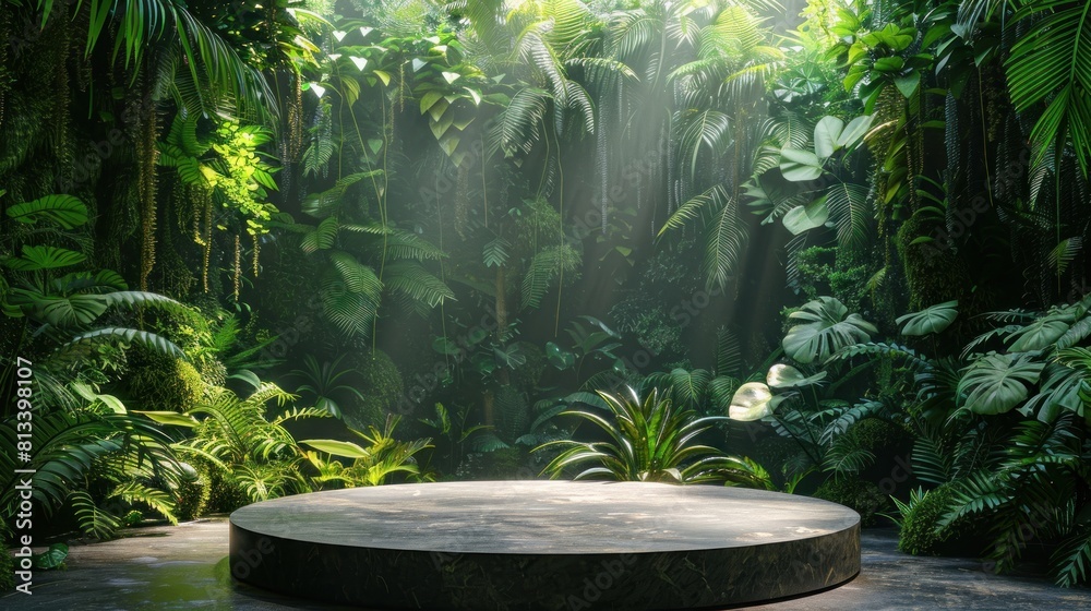 The lush green foliage of the jungle surrounds a stone pedestal, creating a surreal and mystical atmosphere. The lush green foliage of the jungle surrounds a stone pedestal, creating a surreal and mystical atmosphere.