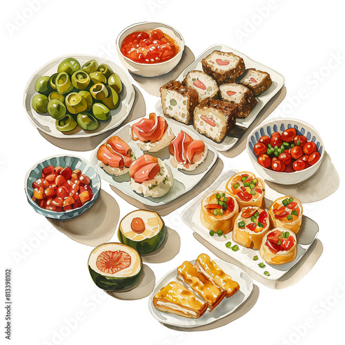 Watercolor illustration of various kinds of finger foods on white background