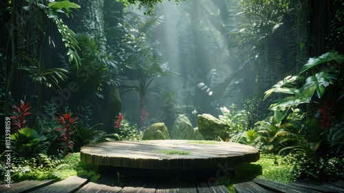 The lush green jungle surrounds a wooden platform  where the dappled sunlight creates a mystical atmosphere.