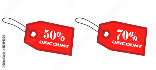 Sale Tag  up to 50, 70 percent off special offer tag label. Bright discount badge template with half price clearance information for cheap product purchase vector illustration.