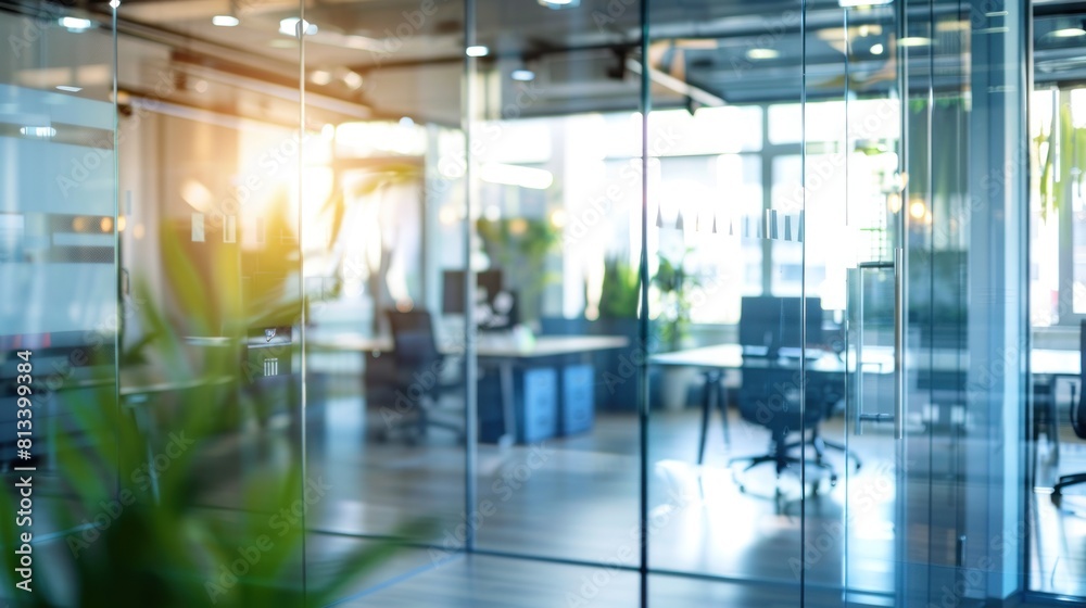 Beautiful blurred background of a light modern office interior with beautiful lighting. blurred background of an open space in the business center.