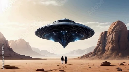 Twi Aliens and Giant UFO in Desert Landscape photo