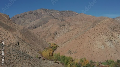 Drone footage of a remote mountainscape with brown foothills and a valley of fall foliage trees in the Frank Church River of No Return Wilderness of Idaho photo